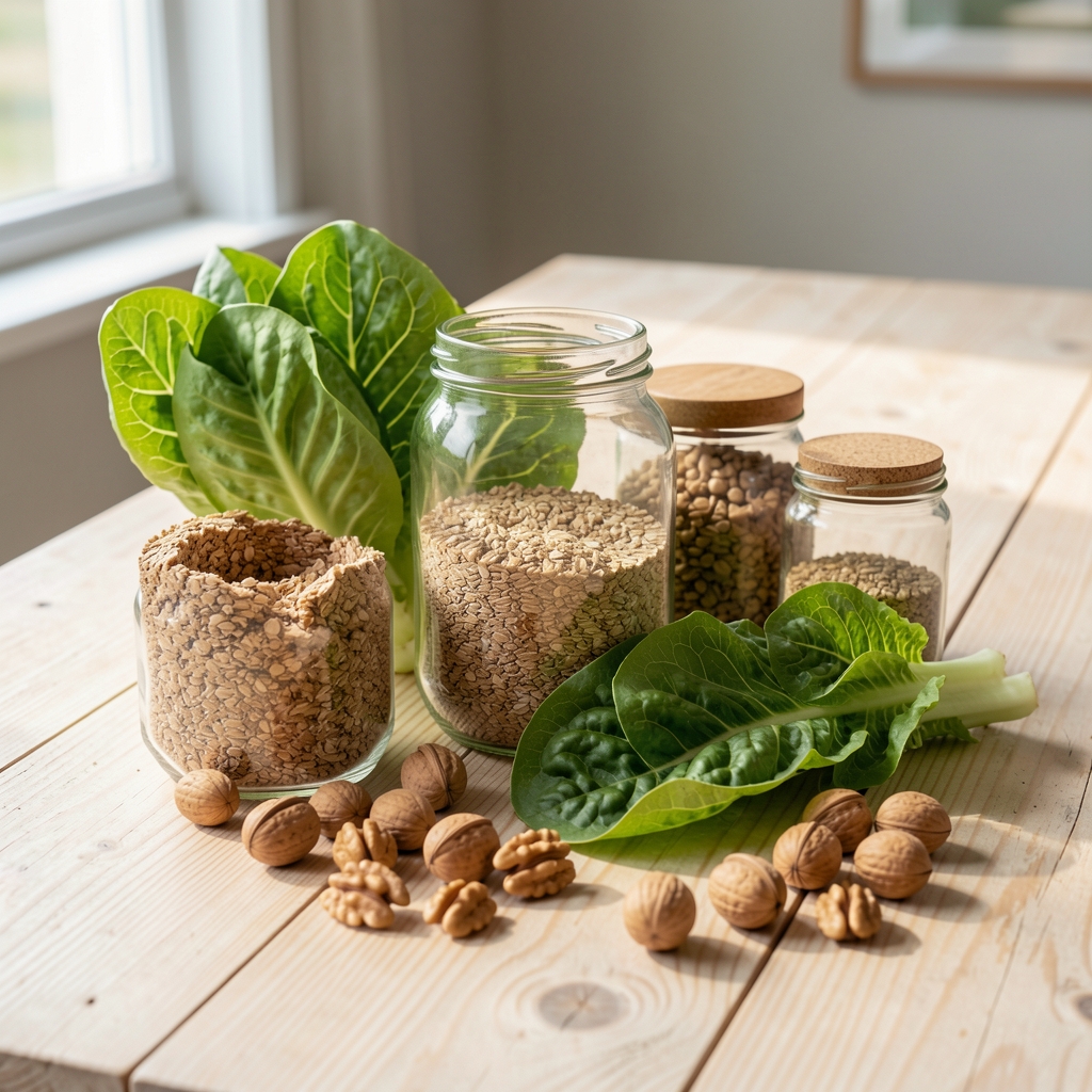 Frische Zutaten auf hellem Holztisch, Tageslicht – Vollkornprodukte, Blattgemüse und Walnüsse für neuropathiefreundliche Rezepte